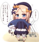  1girl abigail_williams_(fate/grand_order) absurdres bangs black_bow black_dress black_footwear black_hat blonde_hair bloomers blue_eyes blush bow bug butterfly chibi commentary_request dress eyebrows_visible_through_hair fate/grand_order fate_(series) flying_sweatdrops forehead full_body hair_bow hat highres holding holding_stuffed_animal ikea_shark insect kihou_no_gotoku_dmc long_hair long_sleeves looking_at_viewer open_mouth orange_bow parted_bangs polka_dot polka_dot_bow shoes shopping_cart sleeves_past_fingers sleeves_past_wrists solo standing stuffed_animal stuffed_shark stuffed_toy translation_request underwear very_long_hair white_bloomers 