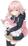  1girl animal_ears backpack bag bbci beige_skirt black_jacket black_legwear bow breasts cat_bag commentary_request danganronpa dot_nose ear_ribbon eyebrows_visible_through_hair flipped_hair hair_ornament hairclip highres holding hood hooded_jacket hoodie jacket long_sleeves looking_at_viewer monomi_(danganronpa) nanami_chiaki pink_eyes pink_hair pink_neckwear pink_ribbon ribbon short_hair simple_background skirt sleeves_past_wrists smile super_danganronpa_2 thighhighs two-tone_skin white_background 