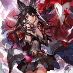  1girl black_hair death_(granblue_fantasy) earrings erune granblue_fantasy hands_on_own_cheeks hands_on_own_face highres jewelry long_hair looking_at_viewer niia red_eyes skirt solo toujou_bun 