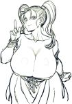  1girl bare_shoulders breasts cleavage collarbone dragon_quest dragon_quest_viii dress huge_breasts jessica_albert leaning_forward long_hair long_sleeves looking_at_viewer monochrome sketch smug solo space_jin twintails 