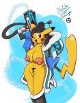  anthro anthrofied big_breasts blizzard_entertainment blue_background border breasts brown_eyes brown_hair clothed clothing cosplay fan_character female fur hair looking_at_viewer mammal mei_(overwatch) meichu nintendo nipples nude open_mouth overwatch partially_clothed pikachu pok&eacute;mon pok&eacute;mon_(species) pubes puffy_nipples rat red_cheeks rodent simple_background smile stranga_(artist) thick_thighs video_games weapon white_border wide_hips yellow_fur 