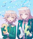  1boy 1girl artist_name backpack bag bangs blush breasts brown_hair commentary_request danganronpa danganronpa_1 dated dot_nose eyebrows_visible_through_hair flower fujisaki_chihiro green_jacket green_neckwear green_ribbon hair_flower hair_ornament hairclip happy_birthday holding hood hooded_jacket jacket ksbt0000 large_breasts long_sleeves looking_at_viewer nanami_chiaki number pink_hair pink_ribbon ribbon short_hair sleeves_past_wrists smile super_danganronpa_2 upper_body upper_teeth yellow_eyes 