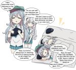  2girls beret blue_hair drooling eyes_closed g11_(girls_frontline) girls_frontline grey_hair hat holding korean_text lying mattress messy multiple_girls necktie pleated_skirt ribeyrolles_1918_(girls_frontline) school_uniform sidarim simple_background skirt sleeping speech_bubble translated 