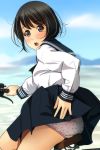  1girl :o bangs bicycle black_hair black_sailor_collar black_skirt blue_sky blurry blurry_background blush brown_eyes cloud commentary_request day depth_of_field eyebrows_visible_through_hair ground_vehicle heart heart_panties heart_print highres long_sleeves looking_at_viewer looking_to_the_side matsunaga_kouyou open_mouth original outdoors panties pleated_skirt print_panties sailor_collar shirt skirt skirt_lift sky sleeves_past_wrists solo underwear white_panties white_shirt wind wind_lift 