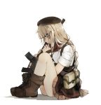  1girl assault_rifle biting biting_self blonde_hair blood blue_eyes boots breasts empty_eyes fn_fnc fn_fnc_(girls_frontline) full_body girls_frontline gun highres medium_breasts ptsd rifle simple_background solo traumatized trembling weapon white_background 