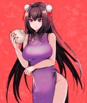  1girl alternate_costume baozi breasts china_dress chinese_clothes commentary_request double_bun dress fate/grand_order fate_(series) food hyakuichi large_breasts long_hair nail_polish purple_hair red_background red_eyes red_ribbon ribbon scathach_(fate)_(all) scathach_(fate/grand_order) side_slit smile solo 