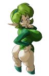  2019 absurd_res big_breasts blue_eyes breasts butt clothing female green_hair hair hairband hand_on_butt hi_res humanoid kokiri looking_at_viewer nintendo not_furry ocarina_of_time pointy_ears raised_eyebrow saria signature simple_background slb smug solo the_legend_of_zelda video_games white_background 
