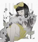  1girl animal animal_hug bangs black_hair blunt_bangs bow commentary_request devotion dress du_meishin feet_out_of_frame fish hair_bow half-closed_eyes hiro_chikyuujin long_hair pantyhose parted_lips pill solo striped striped_background vertical-striped_background vertical_stripes yellow_bow yellow_dress yellow_eyes 