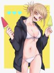  1girl bangs bikini blunt_bangs blush boku_no_hero_academia cowboy_shot double_bun fangs food front-tie_bikini front-tie_top hair_bun heart ice_cream messy_hair nashimo_(artist) navel open_mouth side-tie_bikini solo swimsuit toga_himiko tongue white_bikini yellow_eyes 