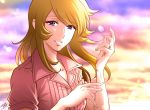  1girl 2019 bangs blonde_hair blurry blurry_background cloud cloudy_sky dated day dress_shirt floating_hair lens_flare long_hair mori_yuki outdoors parted_lips pink_eyes pink_shirt shirt short_sleeves signature sky solo swept_bangs uchuu_senkan_yamato uchuu_senkan_yamato_2199 upper_body yokon2199 