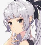  1girl bangs bare_shoulders black_bow black_eyes bow closed_mouth commentary_request eyebrows_visible_through_hair face finger_to_face from_side hair_bow hair_ornament long_hair looking_at_viewer moriko06 original ponytail simple_background solo white_background white_hair 