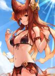  1girl animal_ears anthuria bangle bare_shoulders bikini black_bikini blue_sky bracelet braid breasts breasts_apart choker closed_mouth cloud collarbone cowboy_shot day erune french_braid front-tie_bikini front-tie_top gradient_hair granblue_fantasy groin hair_ornament halterneck hands_up highres jewelry koretsuki_azuma light_rays long_hair looking_at_viewer medium_breasts multicolored_hair navel outdoors red_eyes red_hair sarong sky solo standing stomach sun sunbeam sunlight swimsuit 