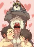  3boys abs brown_hair cum drooling erection furry grin highres interspecies large_penis licking male_focus multiple_blowjob multiple_boys muscle naughty_face penis saliva shirako_(artist) size_difference smile testicles tongue tongue_out yaoi 