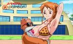  1boy 1girl breast_sucking breasts cleavage crossover dragon_ball highres large_breasts long_hair master_roshi nami_(one_piece) nipples one_piece orange_hair smile 