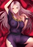  1girl arm_up breasts chain chained chains closed_mouth cuffs dress fire_emblem fire_emblem:_fuuin_no_tsurugi green_eyes heterochromia highres idoun jtaka large_breasts long_hair mamkute nintendo nipples pointy_ears purple_dress purple_hair red_eyes see-through shackles sidelocks solo strapless strapless_dress 