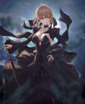  1girl artoria_pendragon_(all) bangs black_dress black_ribbon blonde_hair breasts cleavage closed_mouth dark_excalibur dark_persona dress fate/grand_order fate/stay_night fate_(series) gothic_lolita hair_bun highres lolita_fashion long_sleeves looking_at_viewer medium_breasts puffy_sleeves ribbon saber_alter solo standing sword und0 weapon yellow_eyes 