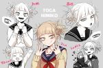  1boy 1girl bangs blonde_hair blunt_bangs boku_no_hero_academia bubaigawara_jin cardigan double_bun hair_bun messy_hair multiple_views nashimo_(artist) school_uniform serafuku smile toga_himiko yellow_eyes 