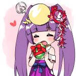  1girl :d bangs bare_shoulders blunt_bangs blush eyebrows_visible_through_hair eyes_closed facing_viewer flower hair_flower hair_ornament hakama headpiece heart holding japanese_clothes kimono long_hair open_mouth pikomarie purple_hair purple_hakama puzzle_&amp;_dragons red_flower ribbon_trim smile solo twintails very_long_hair white_kimono yomi_(p&amp;d) 