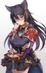  1girl black_hair bow earrings empty_eyes erune granblue_fantasy jewelry long_hair niia red_eyes shaded_face skirt tsuchifumazu 