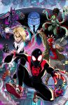  3d_effect buzzsaw cape city cityscape claws coffee coffee_mug doctor_octopus hammer jacket kingpin looking_at_viewer marvel mike_luckas miles_morales olivia_octavius peni_parker peter_parker poster robot skyscraper sp//dr spider-gwen spider-ham spider-man spider-man:_into_the_spider-verse spider-man_(series) spider-man_noir tentacles the_prowler web web_swinging wilson_fisk 
