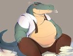  anthro belly big_belly blush claws clothed clothing crocodile crocodilian drooling hand_on_knee hand_on_stomach huff male midoricrocodile obese obese_male open_mouth open_shirt overweight overweight_male plate reptile saliva scalie simple_background sitting solo 