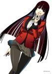  1girl bangs black_hair black_legwear blazer blunt_bangs breasts fingernails highres hime_cut jabami_yumeko jacket jewelry kakegurui large_breasts light_smile lips long_fingernails long_hair long_sleeves looking_at_viewer nail_polish naomura_tooru official_art open_mouth pantyhose plaid plaid_skirt pleated_skirt red_eyes red_nails ribbon ring school_uniform shirt simple_background skirt smile solo standing very_long_hair 