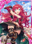  1girl akkijin belt blue_eyes breasts brown_gloves cape card_(medium) cleavage gloves green_cape hair_ornament holding holding_sword holding_weapon looking_at_viewer looking_down medium_breasts official_art red_hair shinkai_no_valkyrie sword thighhighs weapon 