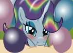 2019 ambiguous_gender animate_inanimate badumsquish balloon blue_eyes blue_eyeshadow blush equid eyeshadow hi_res horn looking_at_viewer makeup male male/ambiguous mammal my_little_pony oral penis sex solo unicorn 
