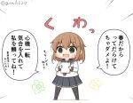  1girl anchor_symbol black_legwear black_sailor_collar black_skirt brown_eyes brown_hair chibi commentary_request emphasis_lines fang full_body goma_(yoku_yatta_hou_jane) hair_ornament hairclip ikazuchi_(kantai_collection) kantai_collection neckerchief open_mouth pleated_skirt red_neckwear sailor_collar school_uniform serafuku short_hair simple_background skirt solo standing thighhighs translation_request twitter_username white_background 