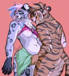  anthro backsack balls bra breasts clothed clothing clothing_lift duo felid feline female male mammal nipples nude one_breast_out pantherine rokemi simple_background skirt skirt_lift smile standing tiger underwear undressing 