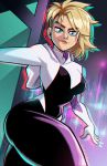  3d_effect blonde_hair blue_eyes breasts face_piercing female gwen_stacy lipstick looking_at_viewer marvel mike_luckas night piercing pinup skyscraper spider-gwen spider-man:_into_the_spider-verse spider-man_(series) thighs 