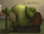  anthro barefoot belly belly_overhang big_belly big_butt bokracroc butt chair claws clothed clothing crocodile crocodilian crossed_legs dialogue green_scales hand_on_stomach huge_butt hyper hyper_belly inside legs_up male morbidly_obese obese obese_male overweight overweight_male plate reclining reptile scales scalie smile solo sugarboy table teeth text toe_claws 