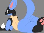  2019 ambiguous_gender anthro big_butt blue_fur butt digital_media_(artwork) fangs feet female fur happy hi_res looking_at_viewer looking_back lucario lying male mammal nintendo open_mouth pok&eacute;mon pok&eacute;mon_(species) pussy simple_background smile spikes teeth thick_thighs toe_beans toes traashmann video_games 
