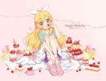  1girl :o aikatsu! aikatsu!_(series) bangs bike_shorts blonde_hair blush bow cake character_name commentary_request dress eyebrows_visible_through_hair food food_print fruit full_body green_shirt hair_bow happy_birthday head_tilt holding holding_food holding_fruit hoshimiya_ichigo ice_cream knees_up long_hair looking_at_viewer macaron object_namesake open_mouth pink_background pink_bow pink_footwear print_legwear purple_shorts red_eyes shirt shoes short_sleeves shorts simple_background sitting socks solo strawberry strawberry_print sundae sundress sweets tareme ume_(plumblossom) upskirt very_long_hair white_dress white_legwear 