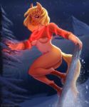  2019 absurd_res action_pose anthro blonde_hair blue_eyes bottomless bracelet breasts butt clothed clothing digital_media_(artwork) equid equine female hair hi_res horse jewelry looking_at_viewer mammal necklace nipples nude open_mouth outside pose reaper3d sky smile snow snowboard snowboarding solo 
