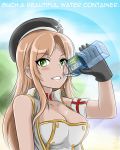  1girl admiral_paru azur_lane beret black_gloves blush bottle breasts brown_hair cleavage commentary english_commentary english_text fiji_(azur_lane) fiji_water gloves green_eyes hat large_breasts looking_at_viewer mole mole_under_eye object_namesake sleeveless suggestive_fluid teeth water_bottle 