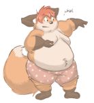  anthro barefoot belly big_belly boxers_(clothing) canid canine clothed clothing dialogue fox fur love_handles male mammal moob_grab moobs navel obese obese_male open_mouth orange_fur overweight overweight_male simple_background solo standing tanukisan thick_thighs topless underwear white_background white_fur 