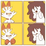  1girl 4koma :d black_eyes boxing_gloves brown_eyes brown_hair bunny calisdraws comic commentary creature creatures_(company) english_commentary eyelashes flat_chest frown game_freak gen_8_pokemon hands_on_own_face happy highres long_hair nintendo open_mouth original pokemon pokemon_(creature) scorbunny simple_background smile yellow_background 
