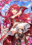  1girl akkijin belt blue_eyes breasts brown_gloves card_(medium) cleavage gloves hair_ornament holding holding_sword holding_weapon looking_at_viewer looking_down medium_breasts official_art red_hair shinkai_no_valkyrie sword thighhighs weapon 