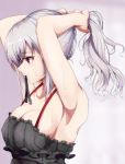  1girl armpits bangs black_dress black_ribbon blush breasts cleavage collarbone dress eyebrows_visible_through_hair from_side gradient gradient_background grey_hair hair_ribbon highres holding holding_hair idolmaster idolmaster_cinderella_girls kanzaki_ranko long_hair medium_breasts mouth_hold red_eyes ribbon ribbon_in_mouth ryuu. sidelocks solo sweat twintails tying_hair upper_body 