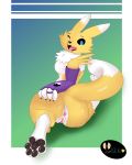  2019 absurd_res anthro blue_eyes breasts canid canine canis digimon digimon_(species) digital_media_(artwork) female fur hi_res looking_at_viewer mammal nude pussy renamon simple_background solo yellow_fur yiankut_kugt 