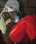  1girl against_wall artist_name black_dress blonde_hair blush book brick_wall commentary_request dress edelgard_von_hresvelgr_(fire_emblem) feet_out_of_frame fire_emblem fire_emblem:_fuukasetsugetsu forehead fringe_trim gloves highres holding holding_book ippers knees_up legs_together long_hair long_sleeves looking_at_viewer military military_uniform nintendo open_book pantyhose purple_eyes red_legwear signature sitting solo uniform white_gloves 