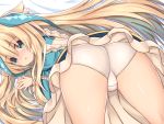  1girl against_wall alice_(grimms_notes) alice_(wonderland) ass bent_over blonde_hair blue_dress blue_eyes dress dress_lift from_behind grimms_notes long_hair looking_back open_mouth ozu_yugurou panties presenting ribbon solo thighs trefoil underwear white_panties 