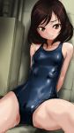  1girl blue_swimsuit box breasts brown_eyes brown_hair collarbone commentary_request looking_at_viewer medium_hair original rohitsuka school_swimsuit shiny shiny_clothes sitting small_breasts solo spread_legs swimsuit tsurime wet wet_clothes wet_hair wet_swimsuit 