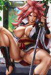  1girl absurdres amputee arm_guards baiken big_hair black_footwear black_jacket black_kimono blurry blurry_background bottomless breasts cleavage dandon_fuga facial_tattoo guilty_gear guilty_gear_xrd highres holding holding_sword holding_weapon huge_breasts jacket jacket_on_shoulders japanese_clothes kataginu katana kimono leaf leg_up looking_at_viewer multicolored multicolored_clothes multicolored_kimono obi one-eyed one_eye_closed open_clothes open_kimono paid_reward patreon_reward pink_hair pinup ponytail pussy red_eyes rope sandals sash scar scar_across_eye sitting smirk solo sword tattoo thighs weapon white_kimono wide_sleeves 