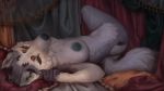 anthro breasts canid canine chest_tuft claws curtains female fur grey_fur hi_res inner_ear_fluff lying mammal neck_tuft nipples nude on_back pillow raventenebris solo tassels tuft whiskers white_fur 