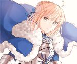  1girl ahoge armor armored_dress artoria_pendragon_(all) blonde_hair blue_cloak blue_ribbon braid breasts cloak closed_mouth fate/grand_order fate/stay_night fate_(series) french_braid fur-trimmed_cloak fur_trim gauntlets green_eyes hair_bun hair_ribbon highres looking_at_viewer lq_saku medium_breasts ribbon saber simple_background solo upper_body white_background 