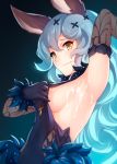  1girl animal_ears arm_up armpits backless_outfit black_gloves blue_hair blue_skirt blush breasts bunny_ears closed_mouth cum cum_on_body cum_on_breasts cum_on_upper_body elbow_gloves embarrassed erune fang fang_out ferry_(granblue_fantasy) gloves granblue_fantasy hair_between_eyes hair_ornament highres long_hair looking_at_viewer medium_breasts nipples ricegnat sideboob simple_background skirt smile upper_body wavy_hair x_hair_ornament 