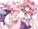  1girl anya_alstreim bangs blush boots breasts cape code_geass erect_nipples expressionless eyebrows_visible_through_hair frown gloves heart heart_tattoo highres long_hair long_sleeves navel niko_(tama) pink_eyes pink_hair pink_legwear ponytail pubic_tattoo shiny shiny_hair small_breasts solo tattoo thighhighs underboob white_footwear 