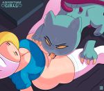  absurd_res adventure_time angry anthro blonde_hair blue_clothing bottomless breasts cartoon_network cleavage clitoral_hood clothed clothing cunnilingus domestic_cat dungeon_cat_(adventure_time) duo english_text felid feline felis female fionna_the_human fur green_fur hair headwear hi_res human human_on_anthro interspecies legwear light_skin mammal no_iris nude oral orange_tongue pale_skin pussy red_eyes sex slit_pupils somescrub tan_skin text thigh_highs tongue tongue_out vaginal white_clothing yellow_sclera 